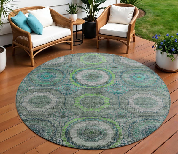 HomeRoots 8' Modern Geometric Teal Blue, Lime Green & Charcoal Washable Round Area Rug for Indoor/Outdoor Use 630221