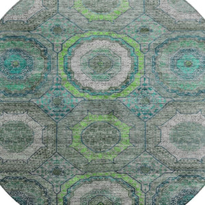 HomeRoots 8' Modern Geometric Teal Blue, Lime Green & Charcoal Washable Round Area Rug for Indoor/Outdoor Use 630221
