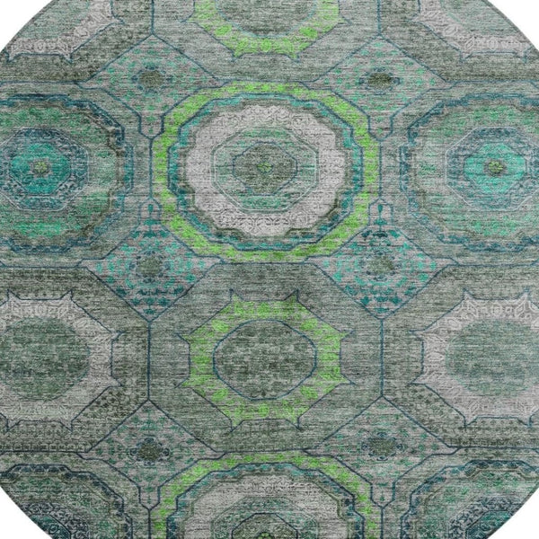 HomeRoots 8' Modern Geometric Teal Blue, Lime Green & Charcoal Washable Round Area Rug for Indoor/Outdoor Use 630221