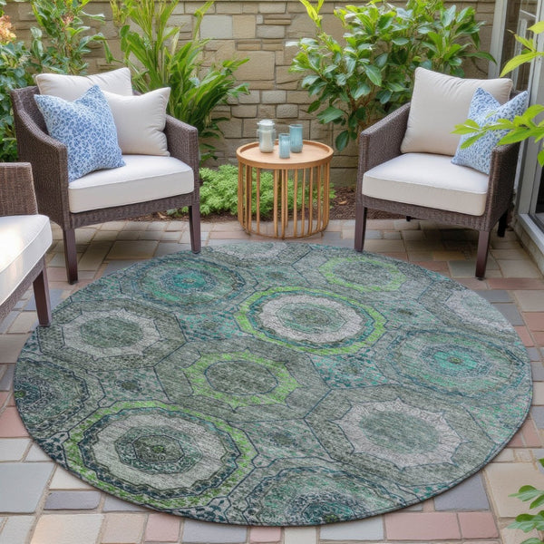 HomeRoots 8' Modern Geometric Teal Blue, Lime Green & Charcoal Washable Round Area Rug for Indoor/Outdoor Use 630221