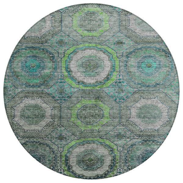 HomeRoots 8' Modern Geometric Teal Blue, Lime Green & Charcoal Washable Round Area Rug for Indoor/Outdoor Use 630221