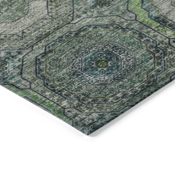HomeRoots 8' Modern Geometric Teal Blue, Lime Green & Charcoal Washable Round Area Rug for Indoor/Outdoor Use 630221
