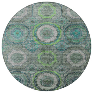 HomeRoots 8' Modern Geometric Teal Blue, Lime Green & Charcoal Washable Round Area Rug for Indoor/Outdoor Use 630221