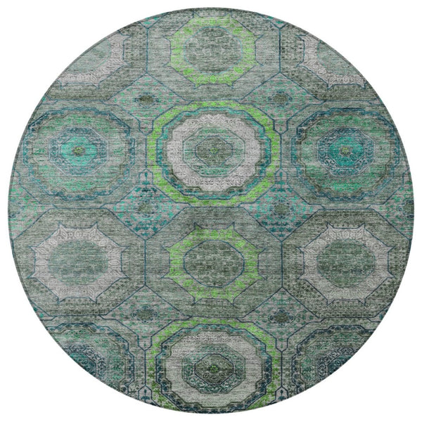 HomeRoots 8' Modern Geometric Teal Blue, Lime Green & Charcoal Washable Round Area Rug for Indoor/Outdoor Use 630221