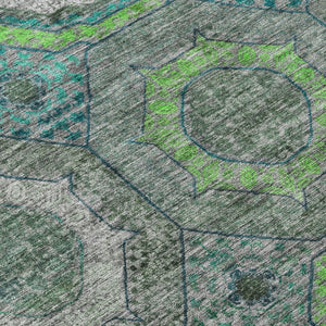 HomeRoots 8' Modern Geometric Teal Blue, Lime Green & Charcoal Washable Round Area Rug for Indoor/Outdoor Use 630221