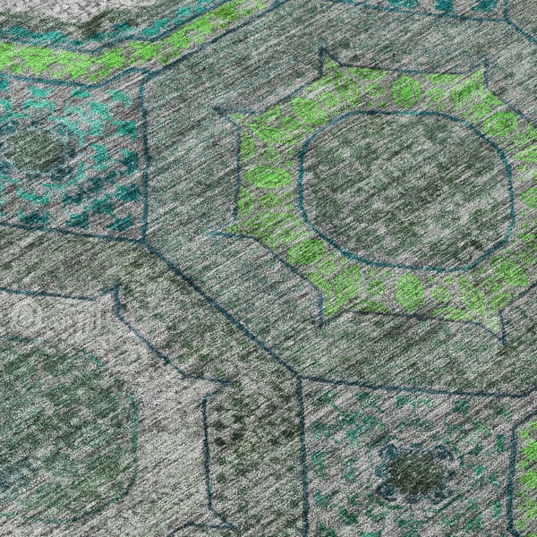 HomeRoots 8' Modern Geometric Teal Blue, Lime Green & Charcoal Washable Round Area Rug for Indoor/Outdoor Use 630221