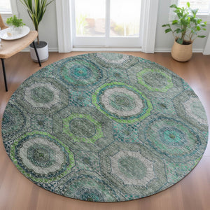 HomeRoots 8' Modern Geometric Teal Blue, Lime Green & Charcoal Washable Round Area Rug for Indoor/Outdoor Use 630221