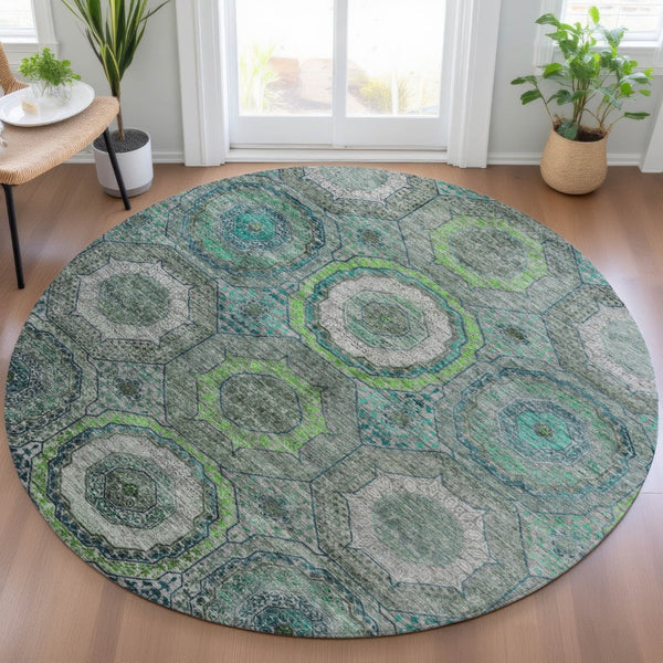 HomeRoots 8' Modern Geometric Teal Blue, Lime Green & Charcoal Washable Round Area Rug for Indoor/Outdoor Use 630221