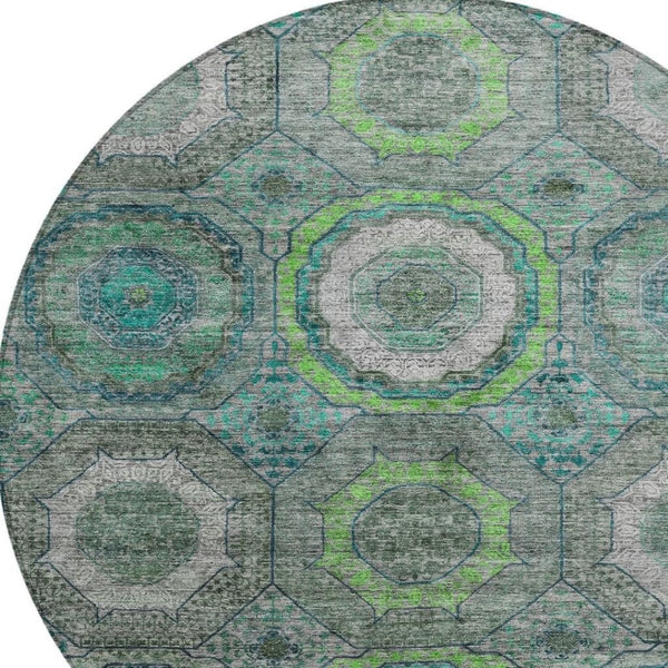 HomeRoots 8' Modern Geometric Teal Blue, Lime Green & Charcoal Washable Round Area Rug for Indoor/Outdoor Use 630221
