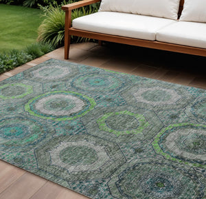 HomeRoots 10' Modern Geometric Washable Area Rug in Teal Blue, Lime Green & Charcoal for Indoor/Outdoor Use 630224