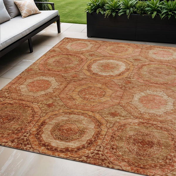 HomeRoots 5' X 8' Stylish Terra Cotta Geometric Area Rug - Washable, Durable, Indoor/Outdoor, Stain-Resistant 630226