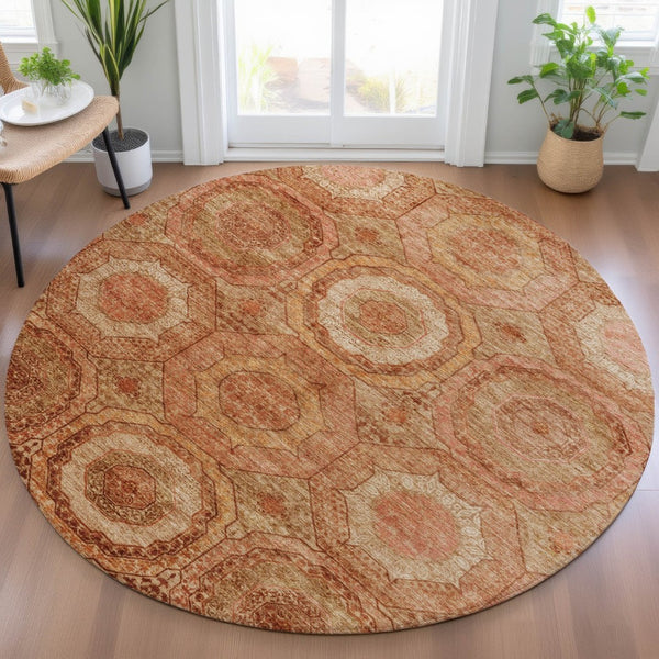 HomeRoots 8' Modern Geometric Terra Cotta, Copper & Peach Area Rug - Washable, Durable, Indoor/Outdoor Style! 630227