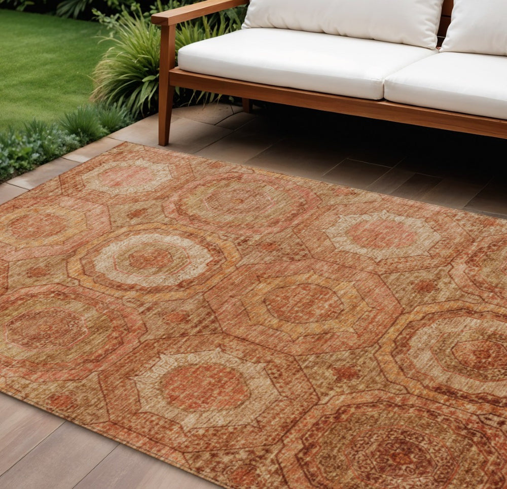 HomeRoots 9' X 12' Modern Geometric Area Rug in Terra Cotta, Copper & Peach – Washable for Indoor/Outdoor Use! 630229