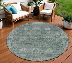 HomeRoots 8' Artichoke Green & Gray Round Floral Washable Rug - Stylish Indoor/Outdoor Area Decor for All Spaces 630233