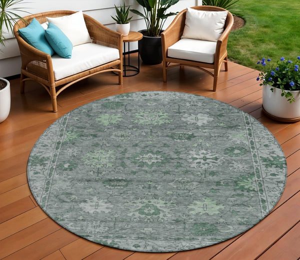 HomeRoots 8' Artichoke Green & Gray Round Floral Washable Rug - Stylish Indoor/Outdoor Area Decor for All Spaces 630233