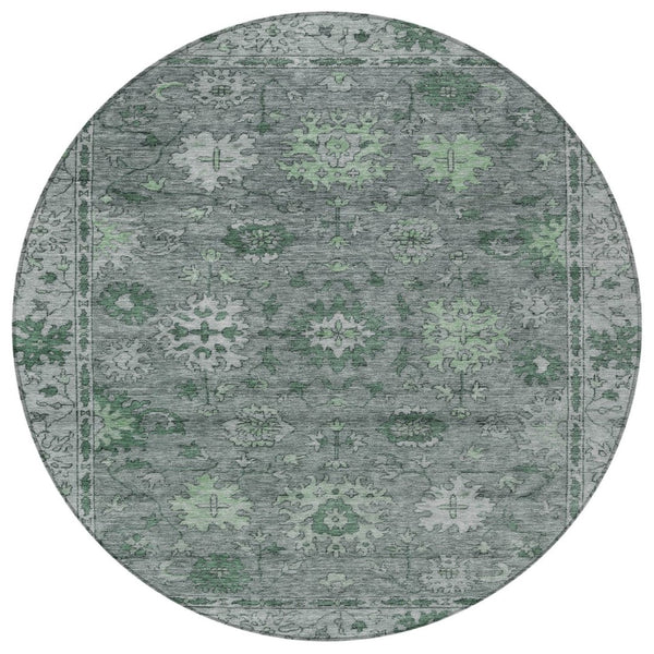 HomeRoots 8' Artichoke Green & Gray Round Floral Washable Rug - Stylish Indoor/Outdoor Area Decor for All Spaces 630233
