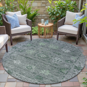 HomeRoots 8' Artichoke Green & Gray Round Floral Washable Rug - Stylish Indoor/Outdoor Area Decor for All Spaces 630233