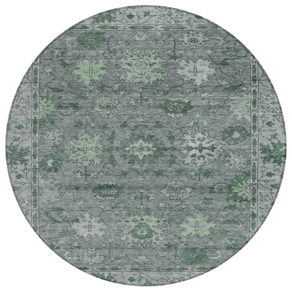 HomeRoots 8' Artichoke Green & Gray Round Floral Washable Rug - Stylish Indoor/Outdoor Area Decor for All Spaces 630233