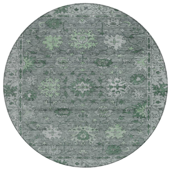 HomeRoots 8' Artichoke Green & Gray Round Floral Washable Rug - Stylish Indoor/Outdoor Area Decor for All Spaces 630233