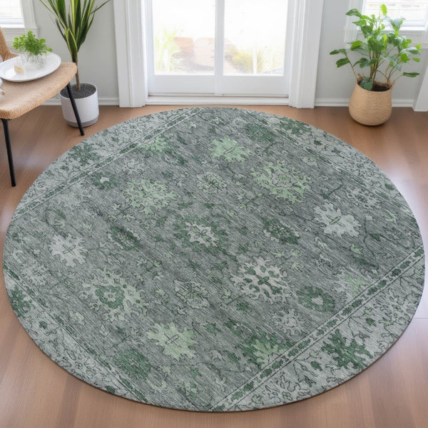HomeRoots 8' Artichoke Green & Gray Round Floral Washable Rug - Stylish Indoor/Outdoor Area Decor for All Spaces 630233