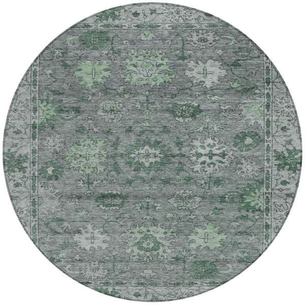 HomeRoots 8' Artichoke Green & Gray Round Floral Washable Rug - Stylish Indoor/Outdoor Area Decor for All Spaces 630233