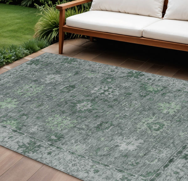 HomeRoots 10' X 14' Artichoke Green & Gray Floral Washable Area Rug - Stylish Indoor/Outdoor Décor Solution! 630236