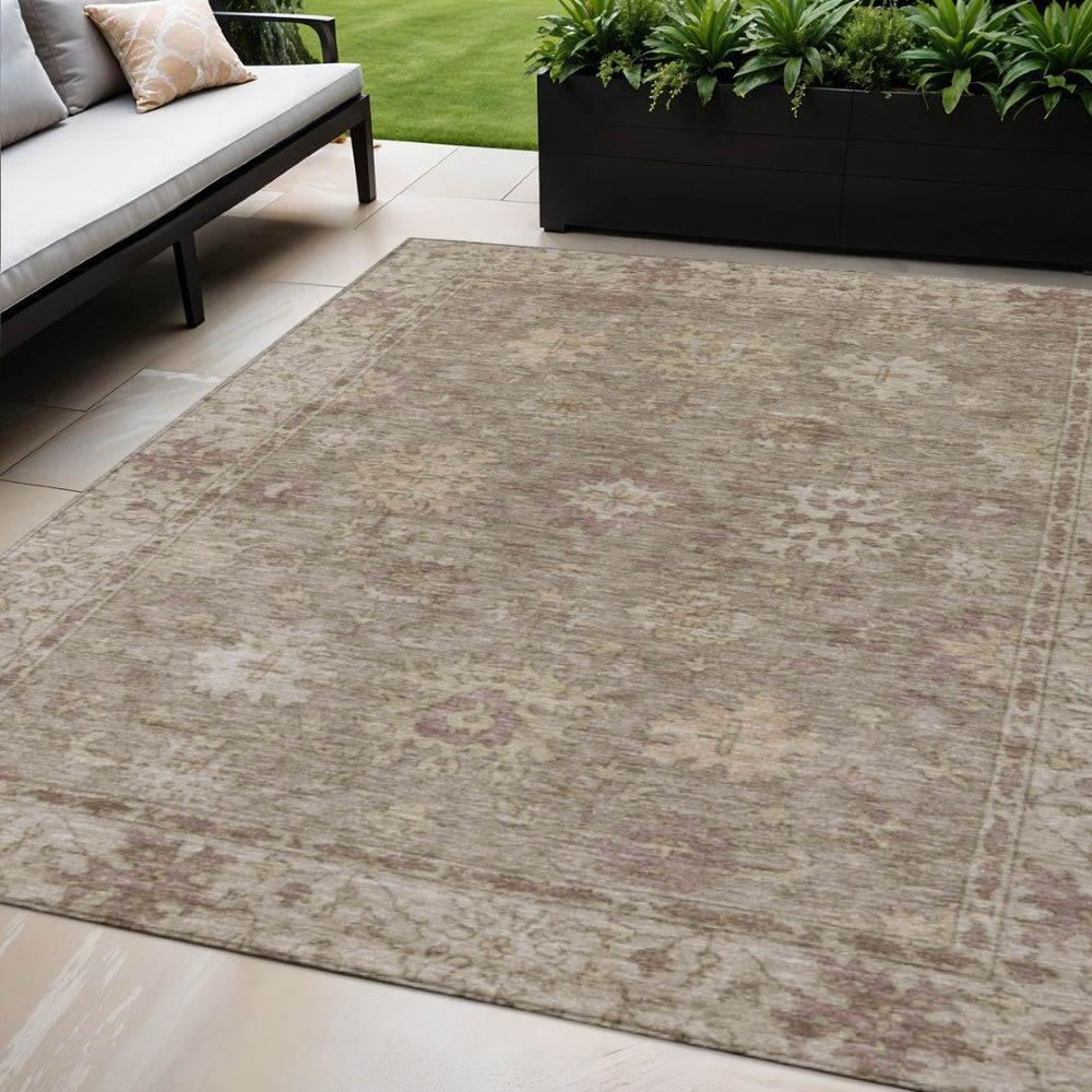 HomeRoots 5' Khaki and Beige Floral Indoor-Outdoor Area Rug - Durable, Washable, Perfect for High-Traffic Spaces 630238