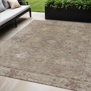 HomeRoots 5' Khaki and Beige Floral Indoor-Outdoor Area Rug - Durable, Washable, Perfect for High-Traffic Spaces 630238