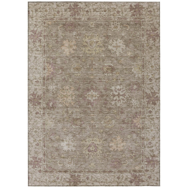 HomeRoots 5' Khaki and Beige Floral Indoor-Outdoor Area Rug - Durable, Washable, Perfect for High-Traffic Spaces 630238