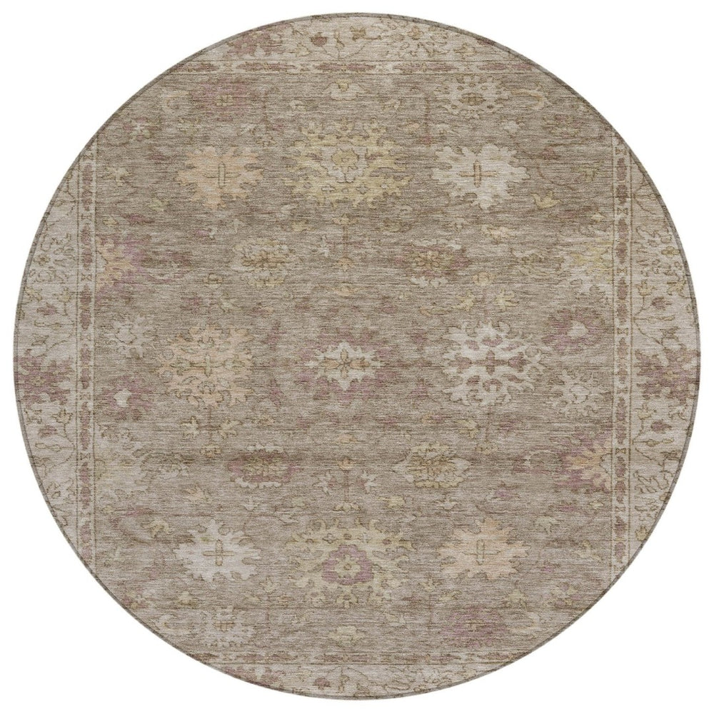 HomeRoots 8' Stylish Khaki and Beige Round Floral Rug - Washable, Durable Area Rug for Indoor & Outdoor Use 630239