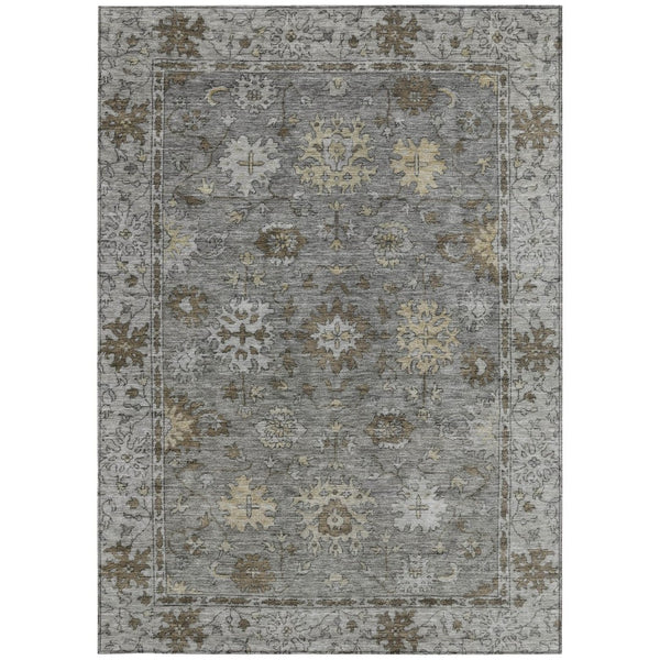 HomeRoots 5' X 8' Elegant Pewter and Gold Floral Washable Area Rug for Indoor & Outdoor Living Spaces 630244