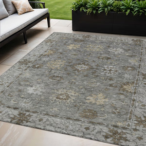 HomeRoots 5' X 8' Elegant Pewter and Gold Floral Washable Area Rug for Indoor & Outdoor Living Spaces 630244