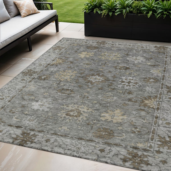 HomeRoots 5' X 8' Elegant Pewter and Gold Floral Washable Area Rug for Indoor & Outdoor Living Spaces 630244