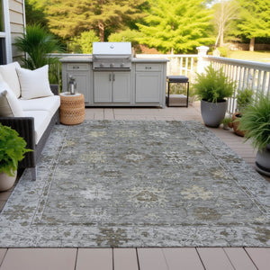 HomeRoots 5' X 8' Elegant Pewter and Gold Floral Washable Area Rug for Indoor & Outdoor Living Spaces 630244