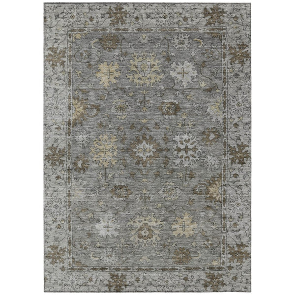 HomeRoots 5' X 8' Elegant Pewter and Gold Floral Washable Area Rug for Indoor & Outdoor Living Spaces 630244
