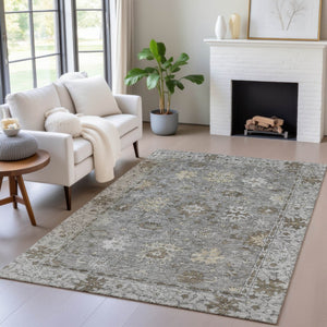 HomeRoots 5' X 8' Elegant Pewter and Gold Floral Washable Area Rug for Indoor & Outdoor Living Spaces 630244