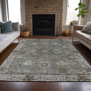 HomeRoots 5' X 8' Elegant Pewter and Gold Floral Washable Area Rug for Indoor & Outdoor Living Spaces 630244