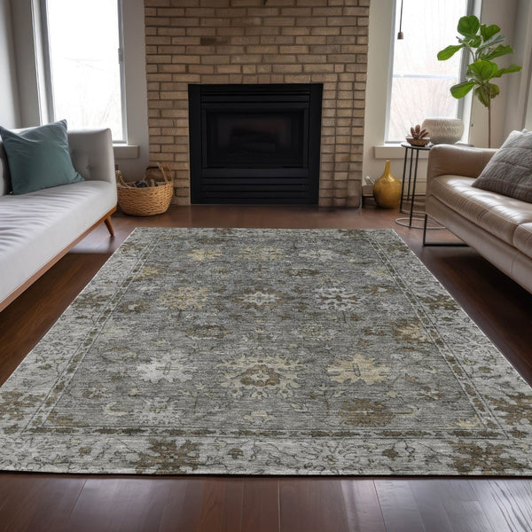 HomeRoots 5' X 8' Elegant Pewter and Gold Floral Washable Area Rug for Indoor & Outdoor Living Spaces 630244