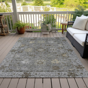 HomeRoots 5' X 8' Elegant Pewter and Gold Floral Washable Area Rug for Indoor & Outdoor Living Spaces 630244