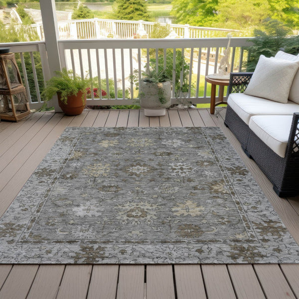 HomeRoots 5' X 8' Elegant Pewter and Gold Floral Washable Area Rug for Indoor & Outdoor Living Spaces 630244