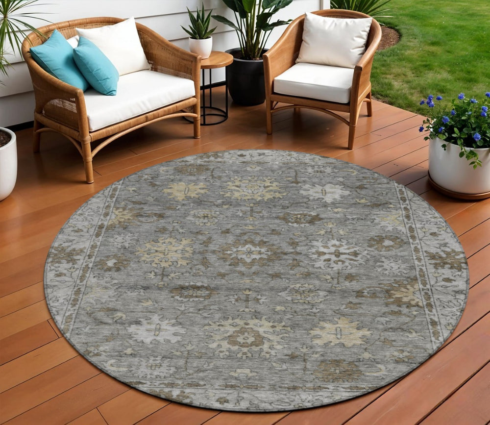 HomeRoots 8' Elegant Pewter and Gold Round Floral Rug – Washable, Durable, Perfect for Indoor & Outdoor Spaces! 630245