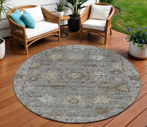 HomeRoots 8' Elegant Pewter and Gold Round Floral Rug – Washable, Durable, Perfect for Indoor & Outdoor Spaces! 630245