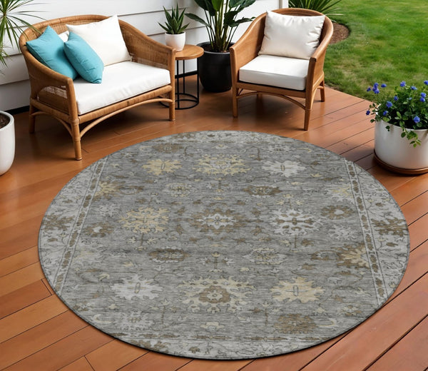 HomeRoots 8' Elegant Pewter and Gold Round Floral Rug – Washable, Durable, Perfect for Indoor & Outdoor Spaces! 630245
