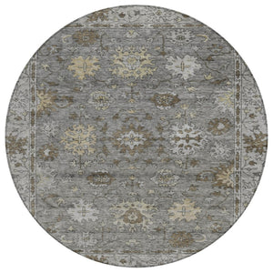 HomeRoots 8' Elegant Pewter and Gold Round Floral Rug – Washable, Durable, Perfect for Indoor & Outdoor Spaces! 630245