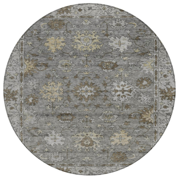 HomeRoots 8' Elegant Pewter and Gold Round Floral Rug – Washable, Durable, Perfect for Indoor & Outdoor Spaces! 630245