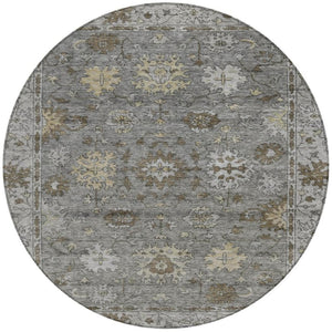 HomeRoots 8' Elegant Pewter and Gold Round Floral Rug – Washable, Durable, Perfect for Indoor & Outdoor Spaces! 630245