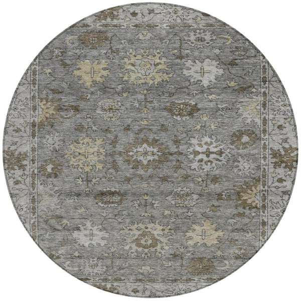 HomeRoots 8' Elegant Pewter and Gold Round Floral Rug – Washable, Durable, Perfect for Indoor & Outdoor Spaces! 630245