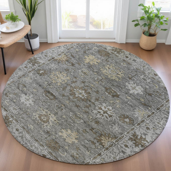 HomeRoots 8' Elegant Pewter and Gold Round Floral Rug – Washable, Durable, Perfect for Indoor & Outdoor Spaces! 630245