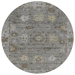 HomeRoots 8' Elegant Pewter and Gold Round Floral Rug – Washable, Durable, Perfect for Indoor & Outdoor Spaces! 630245