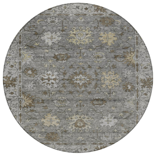 HomeRoots 8' Elegant Pewter and Gold Round Floral Rug – Washable, Durable, Perfect for Indoor & Outdoor Spaces! 630245